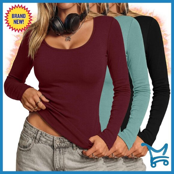 Women's Thermal Long Sleeve Shirts Fleece Lined Scoop Neck Base Layer 3 Pack